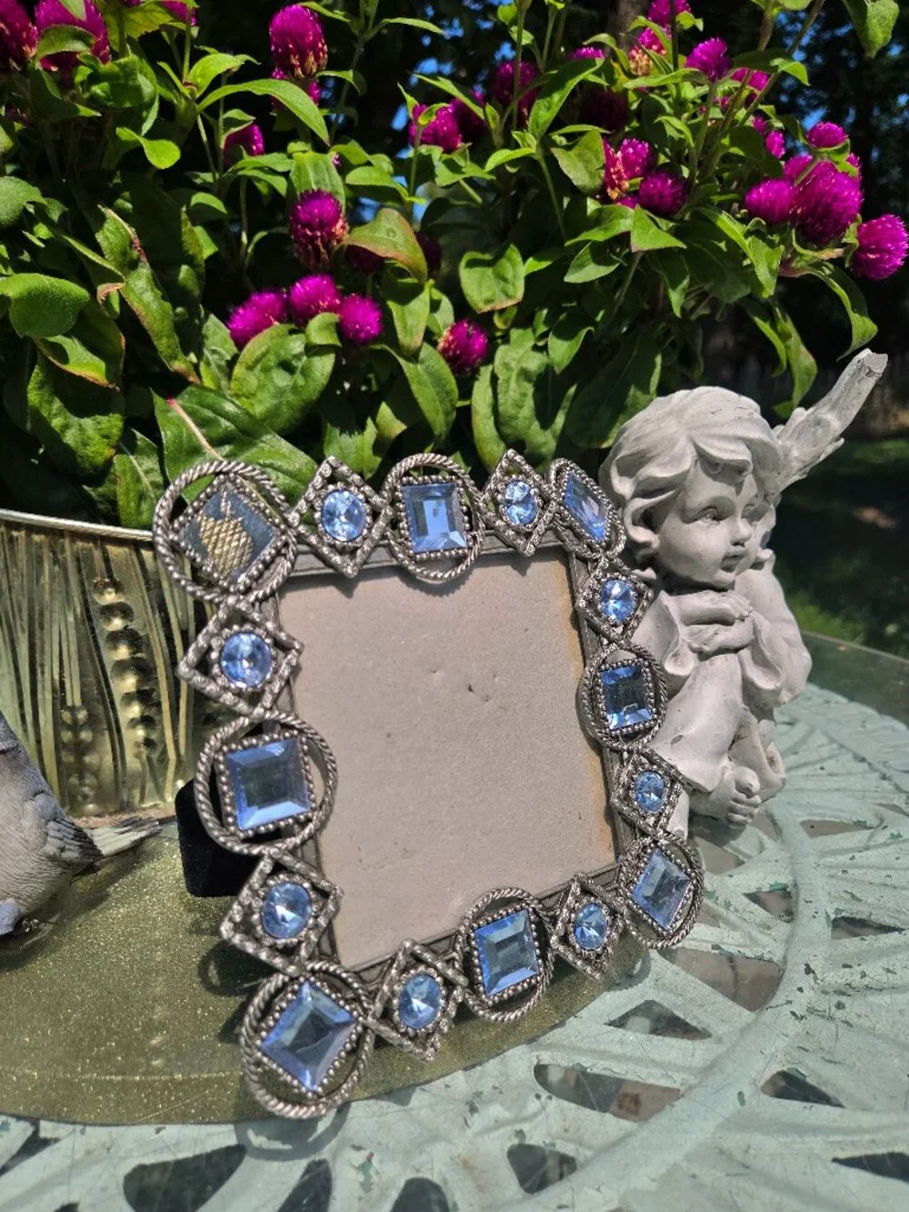 Vintage silver and light blue crystal glam vanity square picture frame